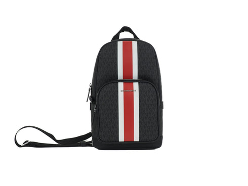 Michael Kors Cooper Medium Signature PVC Varsity Stripe Commuter Slingpack Crossbody Bag (Black Signature/Flame Red)